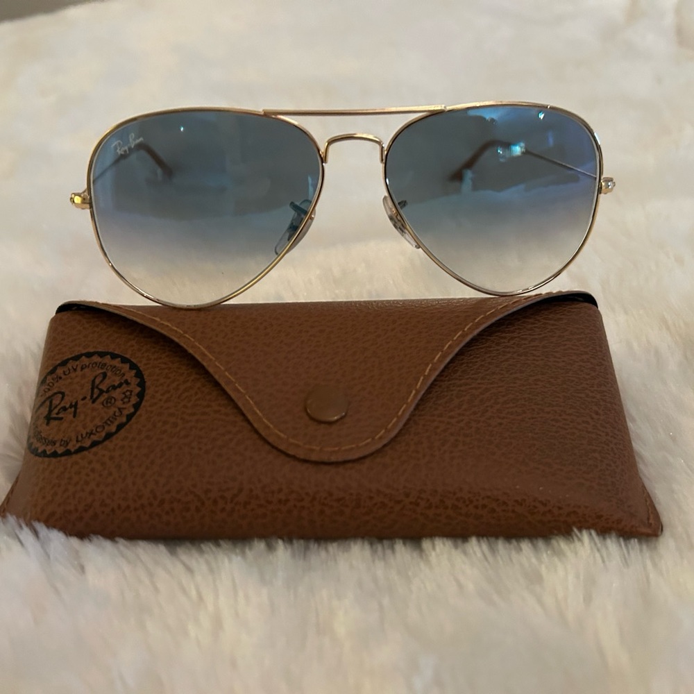 Ray-Ban Gold Aviator Sunglasses with Blue Lenses